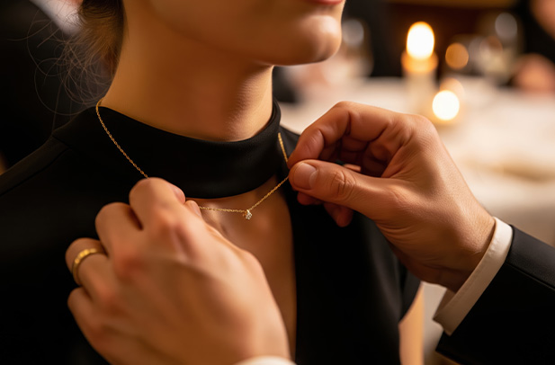 a close-up of a person wearing a black outfit having a delicate necklace fastened by another person's hand in a romantic dining setting with candlelight both elegant and special moments